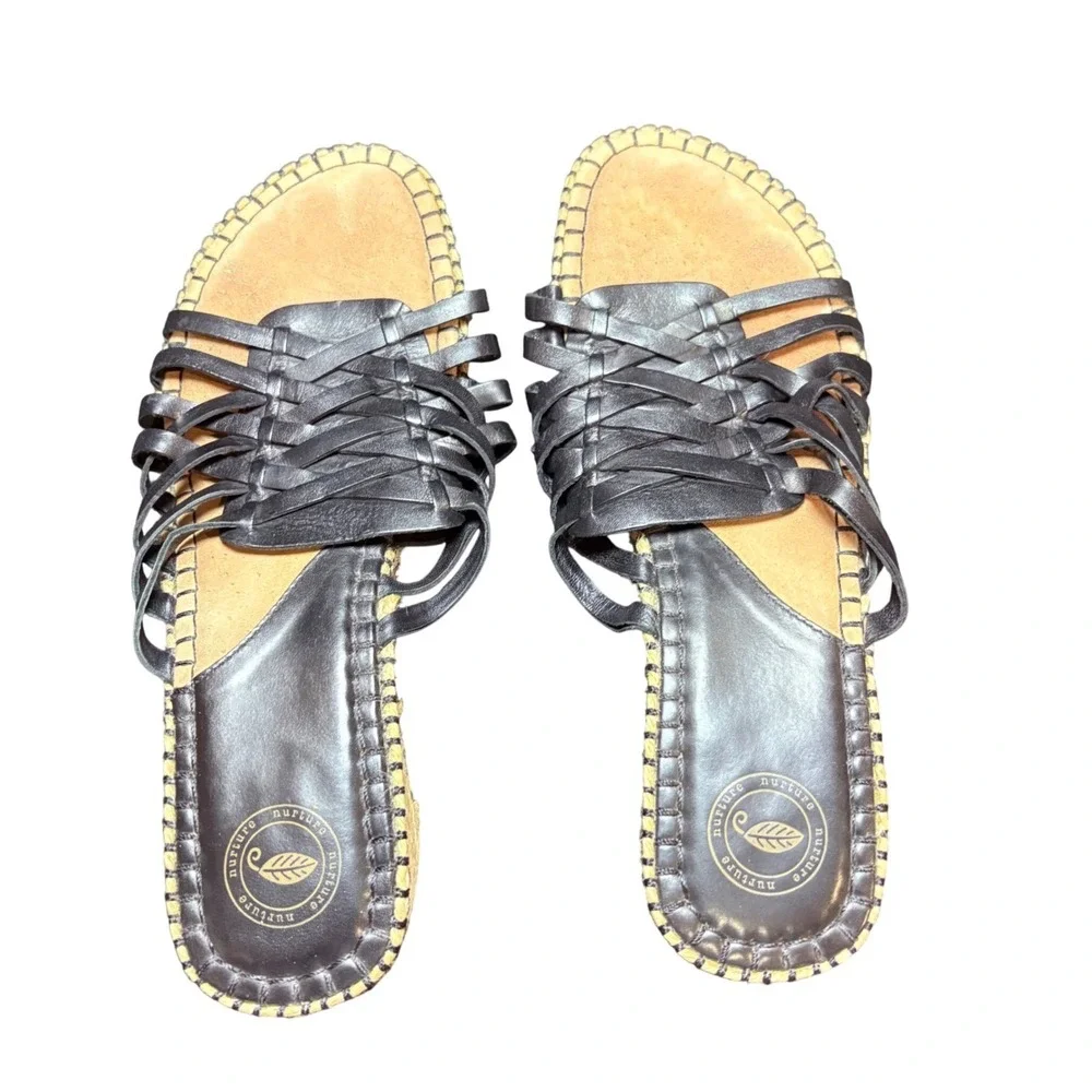 Nurture Black Woven Leather Espadrille Wedge Sandals Slides Womens Size‎ 9